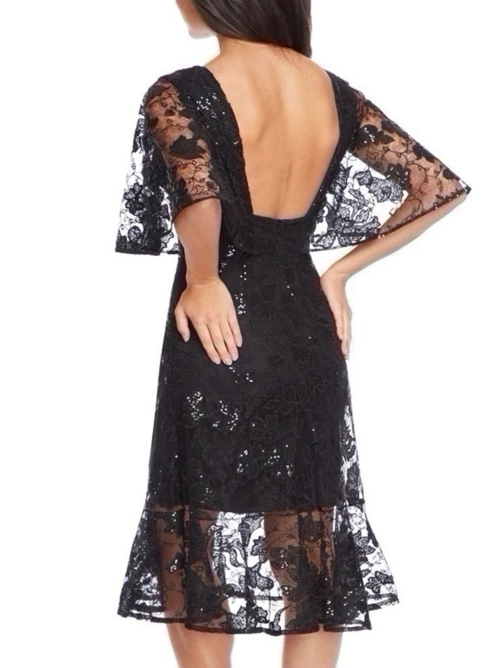 NEW Dress The Population Women’s Roseanna Dress Black Midi Flutter Sleeve XS - Picture 3 of 13